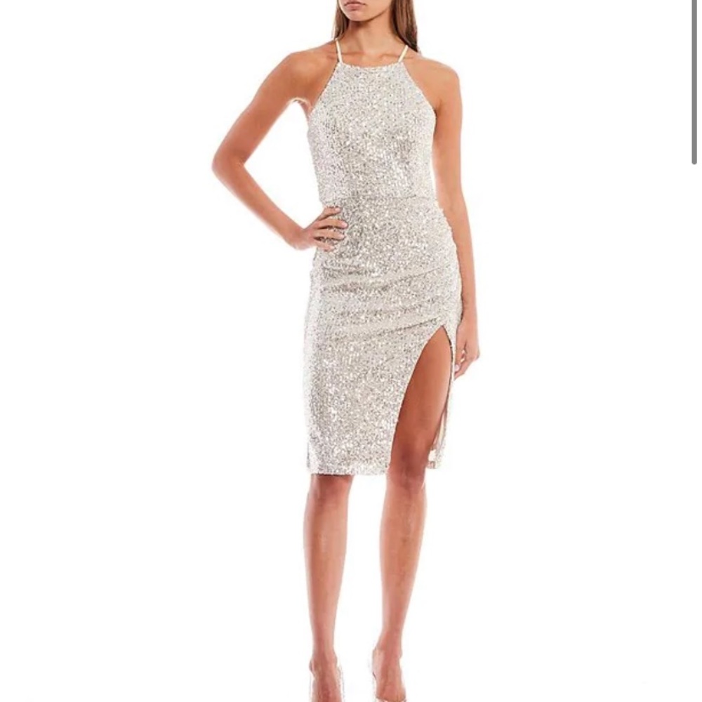 Silver sequin halter midi dress